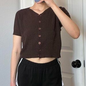 Dana Buchman Brown Short Sleeve Button Crop Cardigan